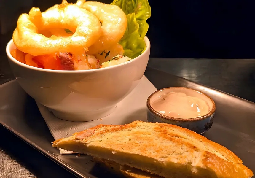 Trio of seafood: fried calamari rings, prawns and Union Hall smoked salmon with sourdough