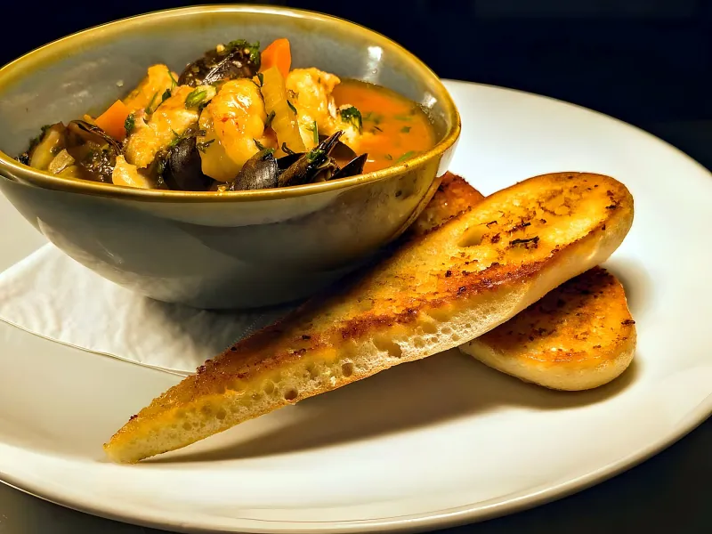 Wild Ways tomato-based seafood chowder with garlic bread